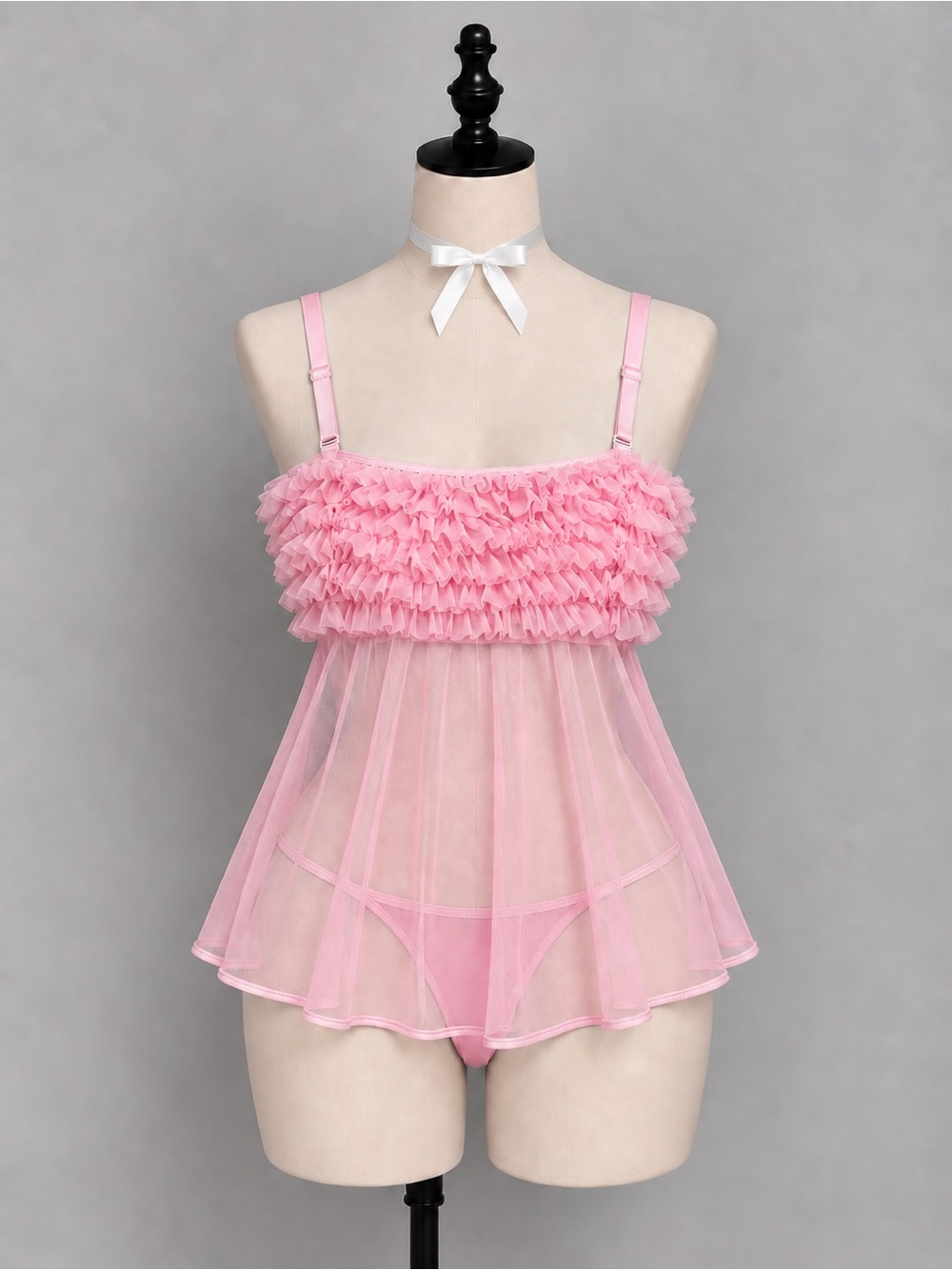 Coquette Pink Ruffle Mesh Chemise with Adjustable Straps
